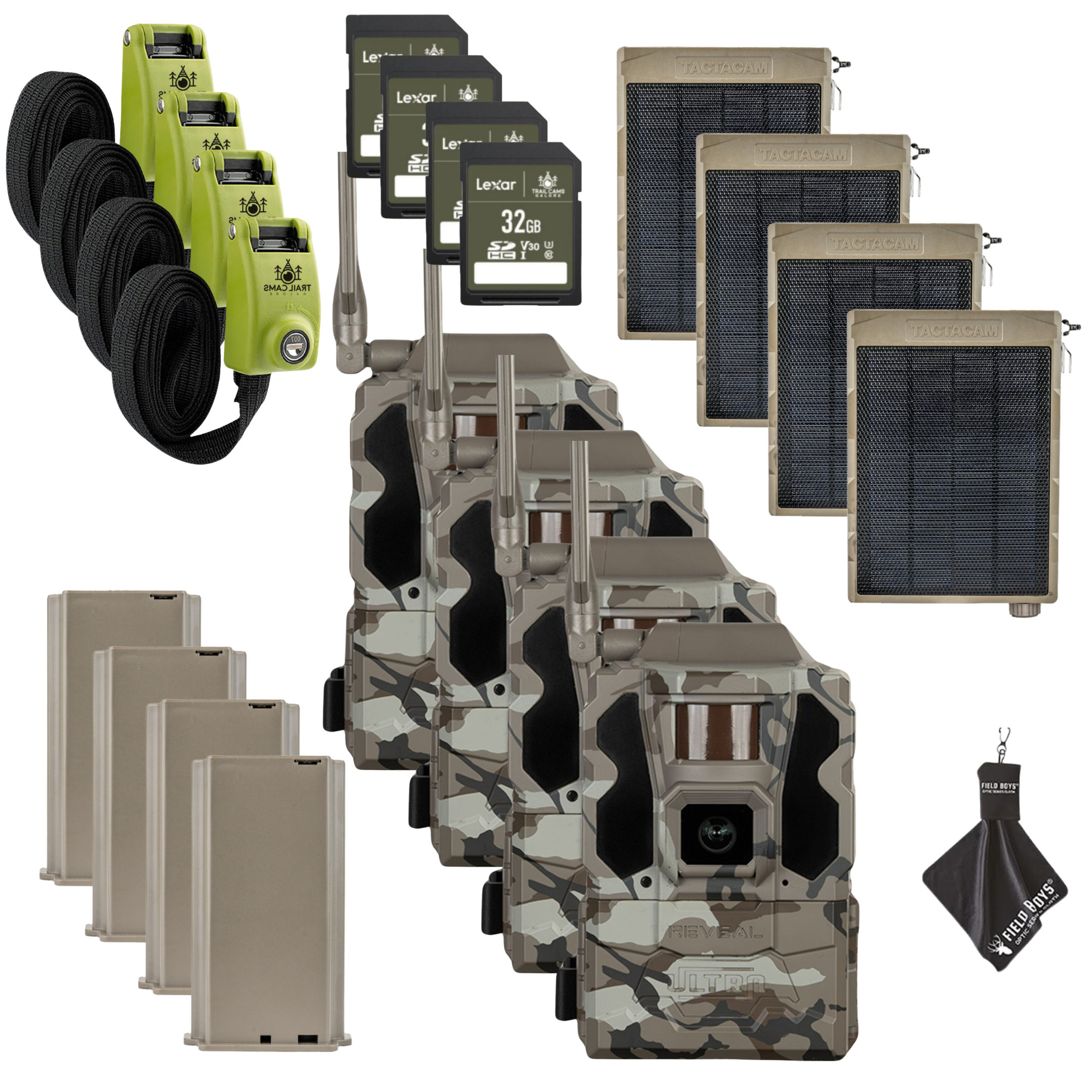 Buy 4 & Save! Tactacam Reveal Ultra Cellular Trail Camera with Solar Panels, Lithium Batteries, Steel Reinforced Straps and Cleaning Cloth