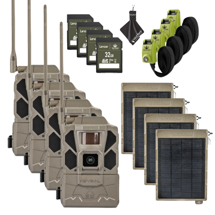 Buy 4 &amp; Save! Tactacam Reveal X Gen 3.0 with Solar Panels, Lockable Steel Reinforced Straps and Cleaning Cloth