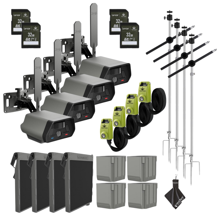 4-Pack Ultimate Bundle! with New Updated Free-Standing Double Pole! - Tactacam Defend Security Camera No Wi-Fi Needed, Cellular Connection