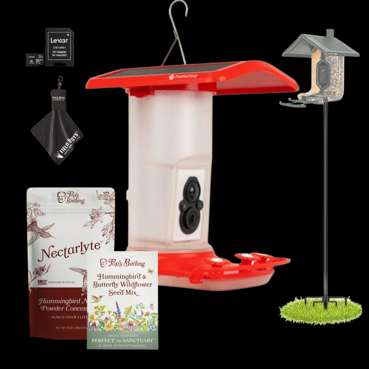 FeatherSnap Smart Hummingbird Feeder Bundle with Sturdy Pole, Nectar Powder, Wildflower Seed Mix, SD Card and Cleaning Cloth