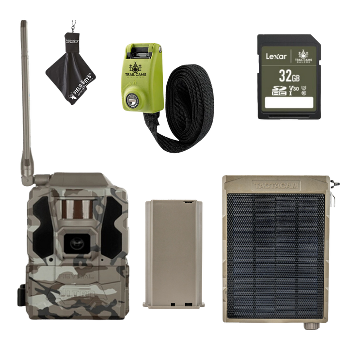 Bundle Savings! TACTACAM Reveal Ultra Cellular Trail Camera with Solar Panel, Lipo Battery, SD Card, Steel Reinforced Strap and Cleaning Cloth