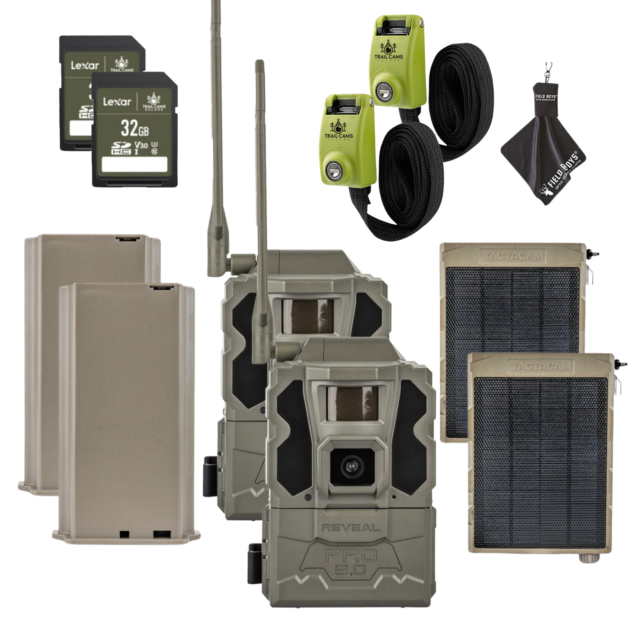 BUY 2 & SAVE! TACTACAM REVEAL PRO 3.0 with Lipo Batteries, Solar Panels, Lockable Straps, SD Cards and Cleaning Cloth