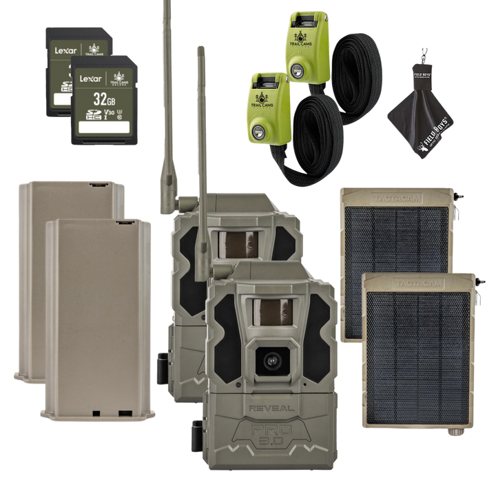 BUY 2 & SAVE! TACTACAM REVEAL PRO 3.0 with Lipo Batteries, Solar Panels, Lockable Straps, SD Cards and Cleaning Cloth