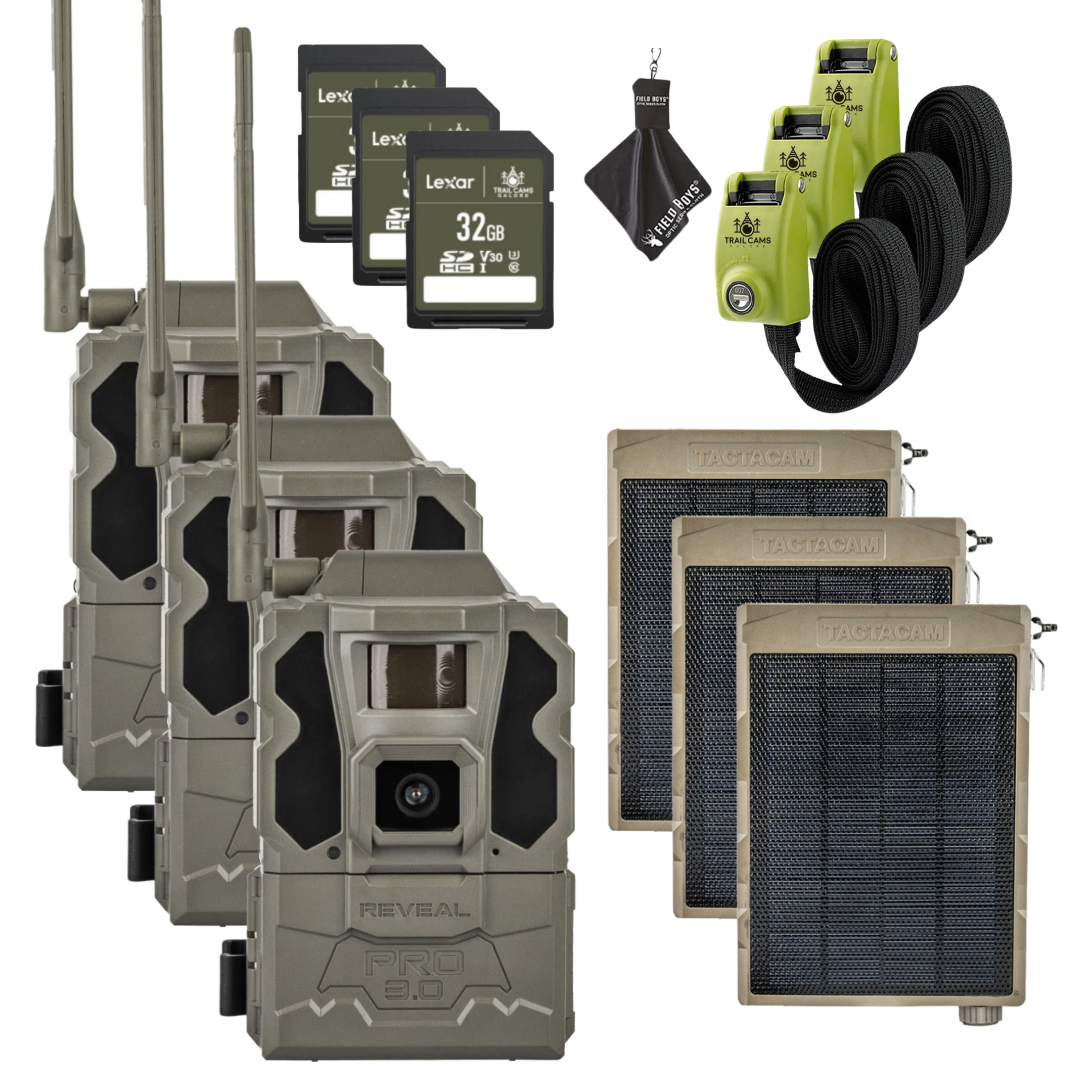 BUY 3 & SAVE! TACTACAM REVEAL PRO 3.0 with Solar Panels, Lockable Straps, SD Cards and Cleaning Cloth