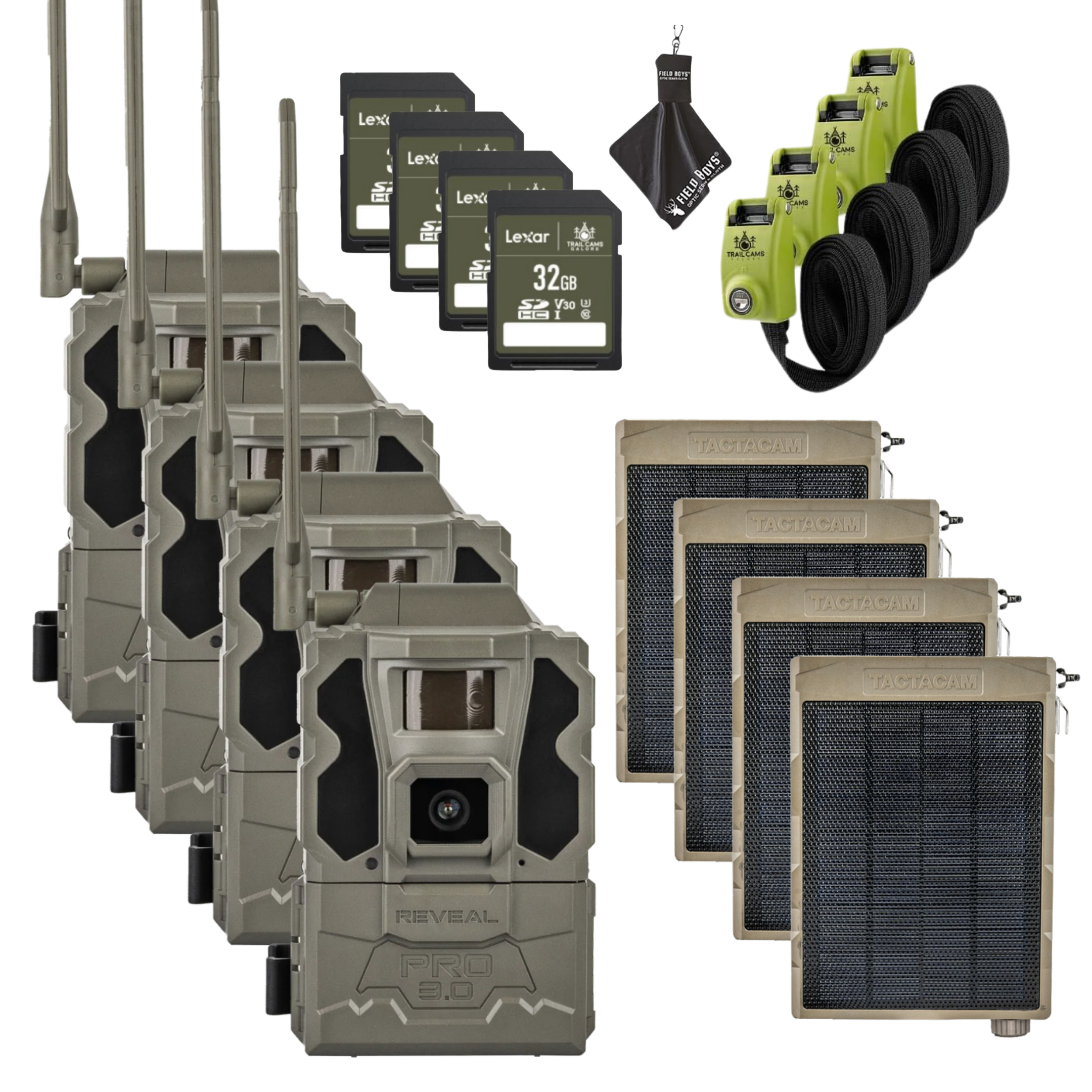 BUY 4 & SAVE! TACTACAM REVEAL PRO 3.0 with Solar Panels, Lockable Straps, SD Cards and Cleaning Cloth