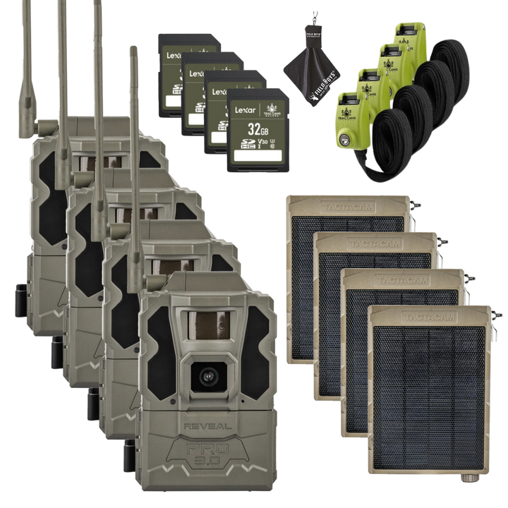 BUY 4 & SAVE! TACTACAM REVEAL PRO 3.0 with Solar Panels, Lockable Straps, SD Cards and Cleaning Cloth
