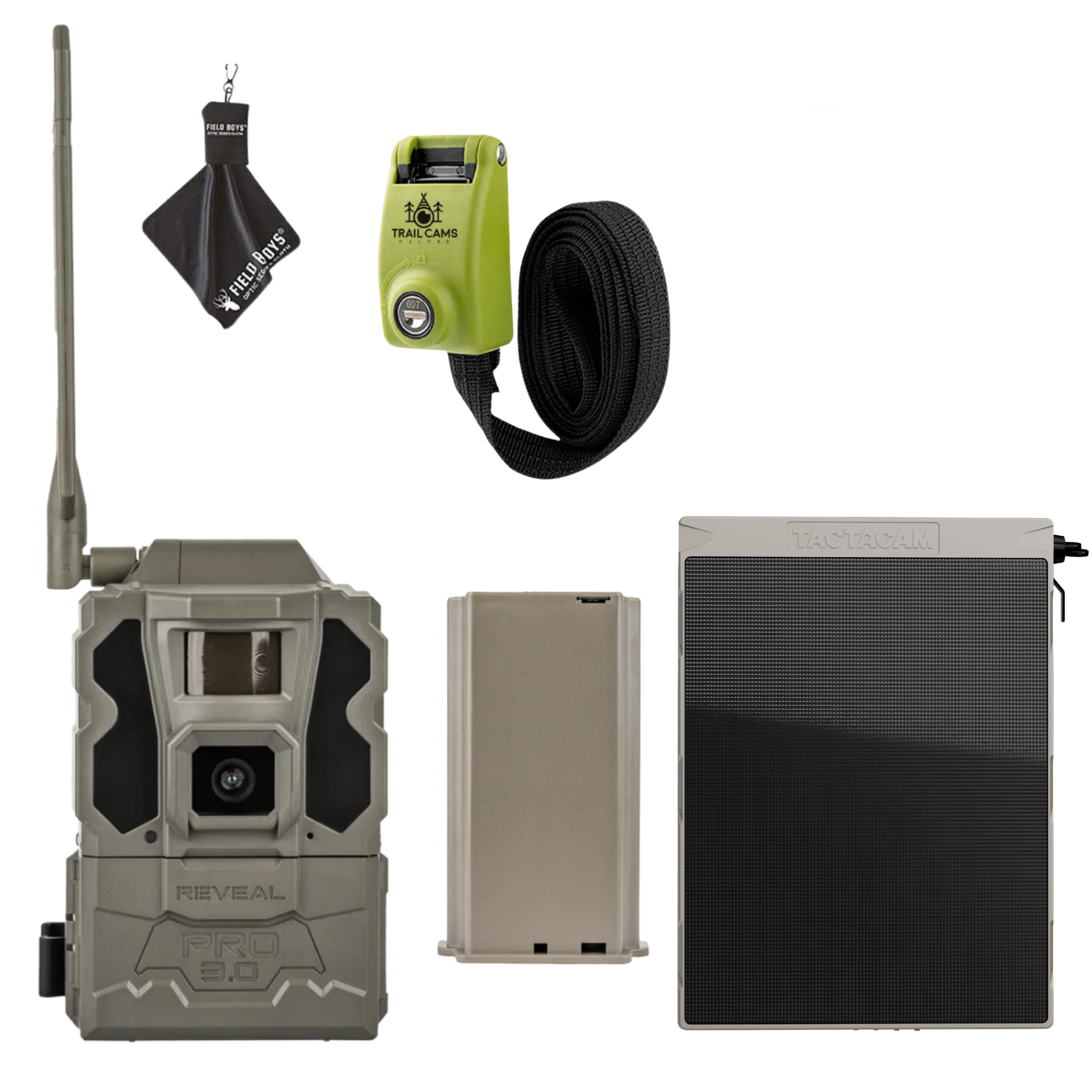 Bundle Savings! Tactacam Reveal Pro 3.0 with Lithium Battery Pack, Solar Panel, Lockable Strap and Cleaning Cloth