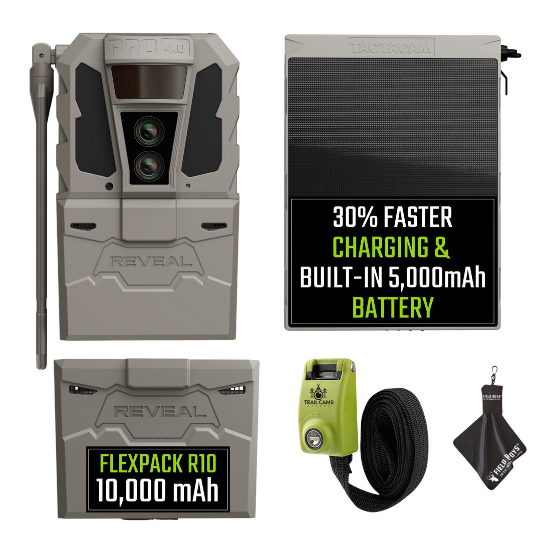 Tactacam Reveal Pro 4.0 Power Bundle with R5 Solar Panel, FlexPack R10 Battery, Lockable Steel Reinforced Strap, and Cleaning Cloth