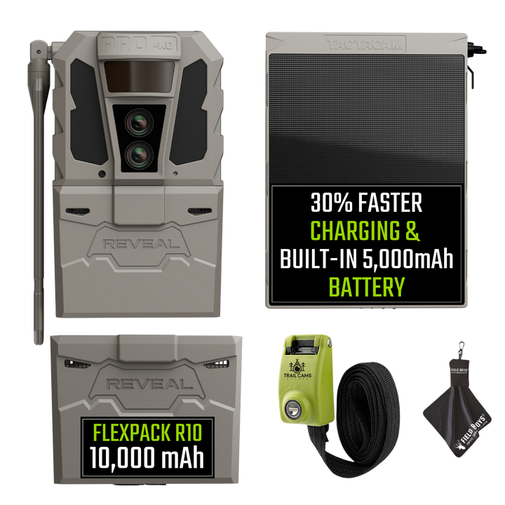 Tactacam Reveal Pro 4.0 Power Bundle with R5 Solar Panel, FlexPack R10 Battery, Lockable Steel Reinforced Strap, and Cleaning Cloth