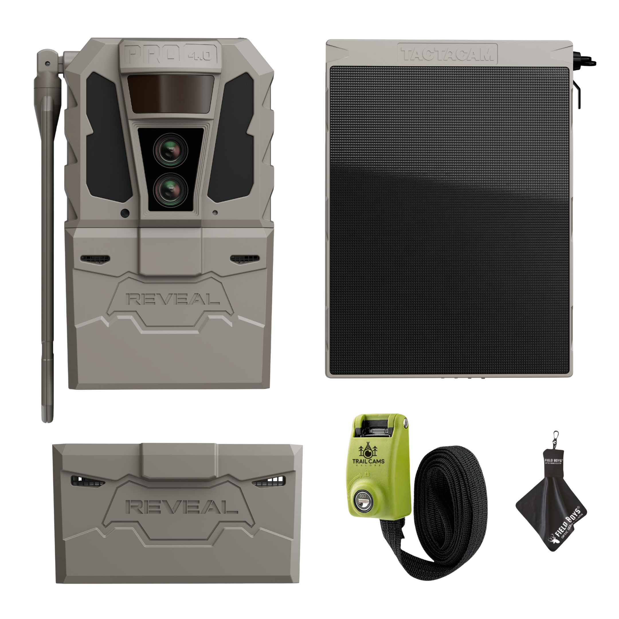 Tactacam Reveal Pro 4.0 Power Bundle with R5 Solar Panel, FlexPack R5 Battery, Lockable Steel Reinforced Strap, and Cleaning Cloth