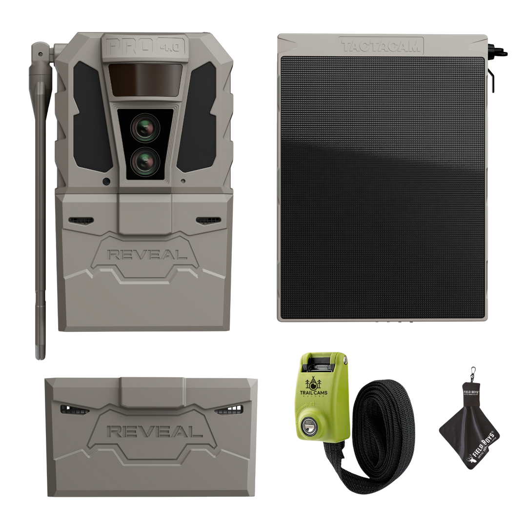 Tactacam Reveal Pro 4.0 Power Bundle with R5 Solar Panel, FlexPack R5 Battery, Lockable Steel Reinforced Strap, and Cleaning Cloth