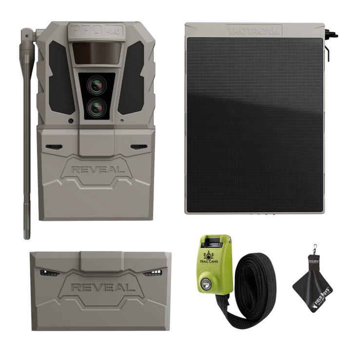 Tactacam Reveal Pro 4.0 Power Bundle with R5 Solar Panel, FlexPack R5 Battery, Lockable Steel Reinforced Strap, and Cleaning Cloth