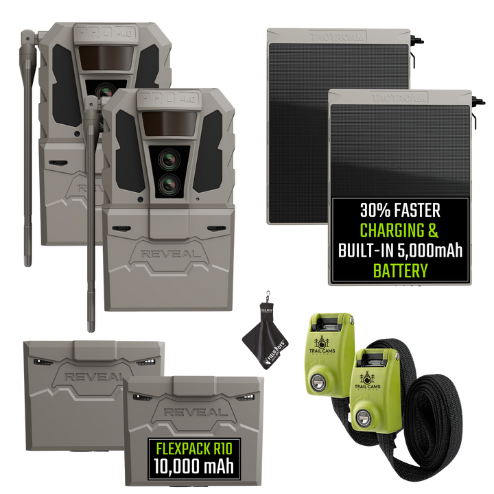 Buy 2 &amp; Save! Tactacam Reveal Pro 4.0 Power Bundles with R5 Solar Panels, FlexPack R10 Batteries, Lockable Steel Reinforced Straps, and Cleaning Cloth
