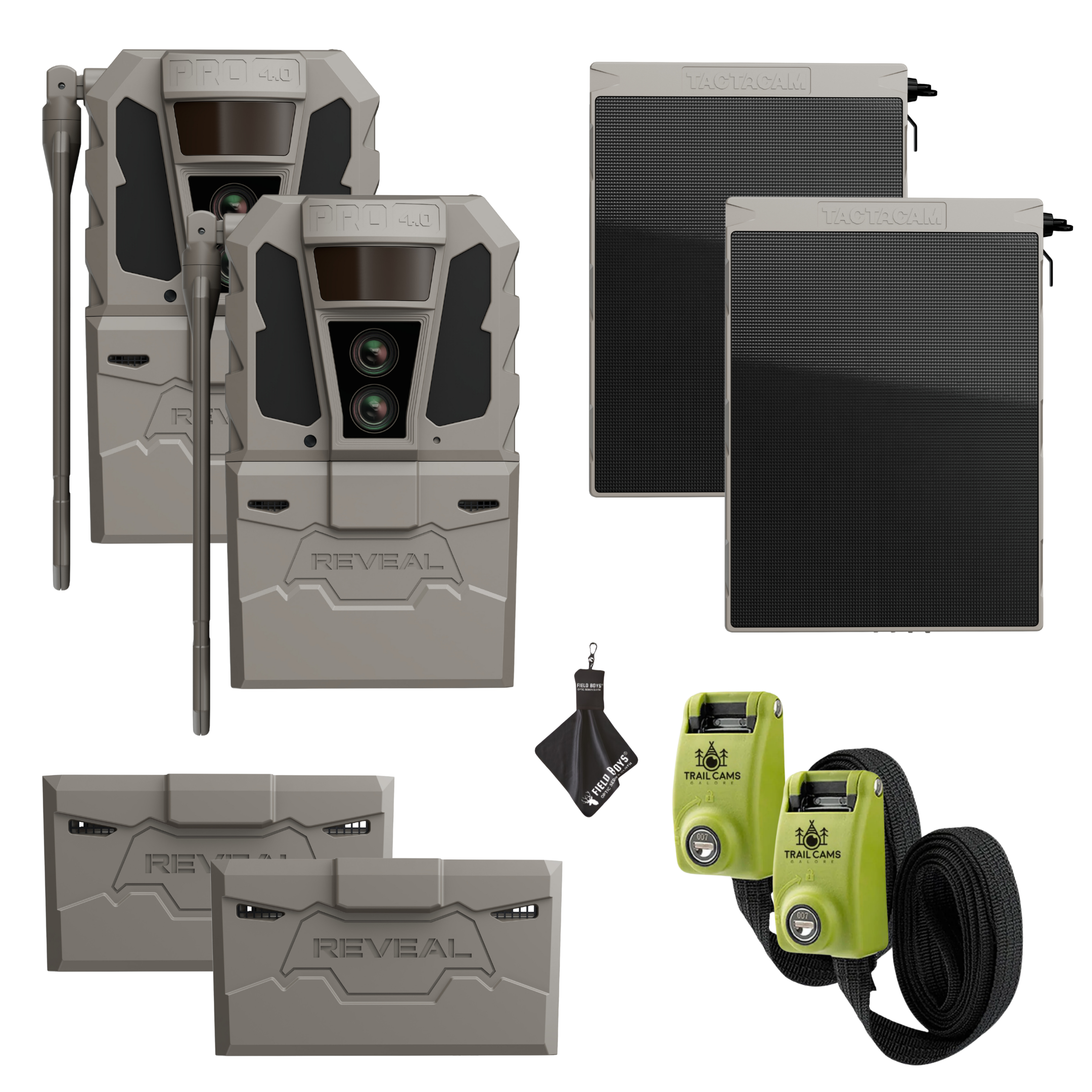 Buy 2 & Save! Tactacam Reveal Pro 4.0 Power Bundles with R5 Solar Panels, FlexPack R5 Batteries, Lockable Steel Reinforced Straps, and Cleaning Cloth