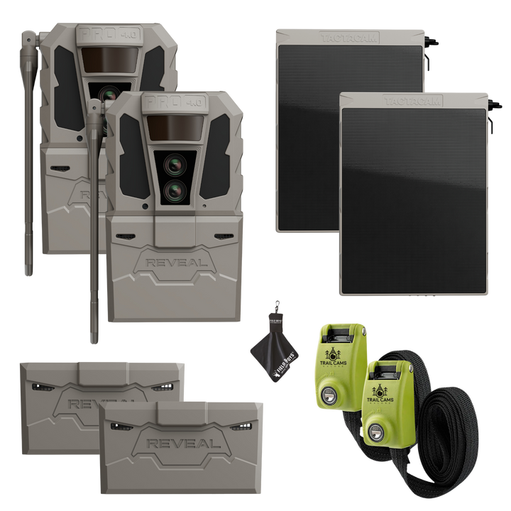 Buy 2 &amp; Save! Tactacam Reveal Pro 4.0 Power Bundles with R5 Solar Panels, FlexPack R5 Batteries, Lockable Steel Reinforced Straps, and Cleaning Cloth