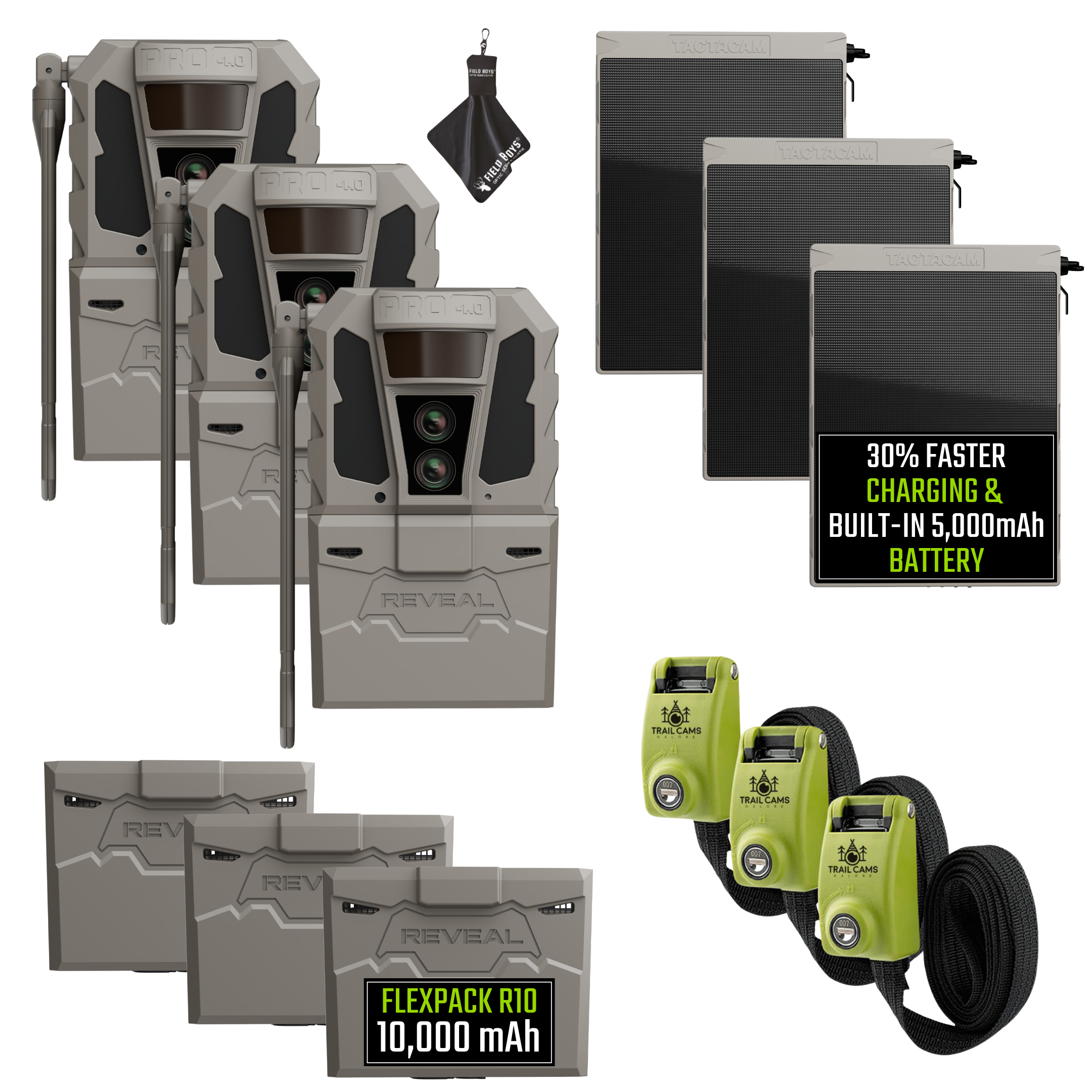 Buy 3 & Save! Tactacam Reveal Pro 4.0 Power Bundles with R5 Solar Panels, FlexPack R10 Batteries, Lockable Steel Reinforced Straps, and Cleaning Cloth