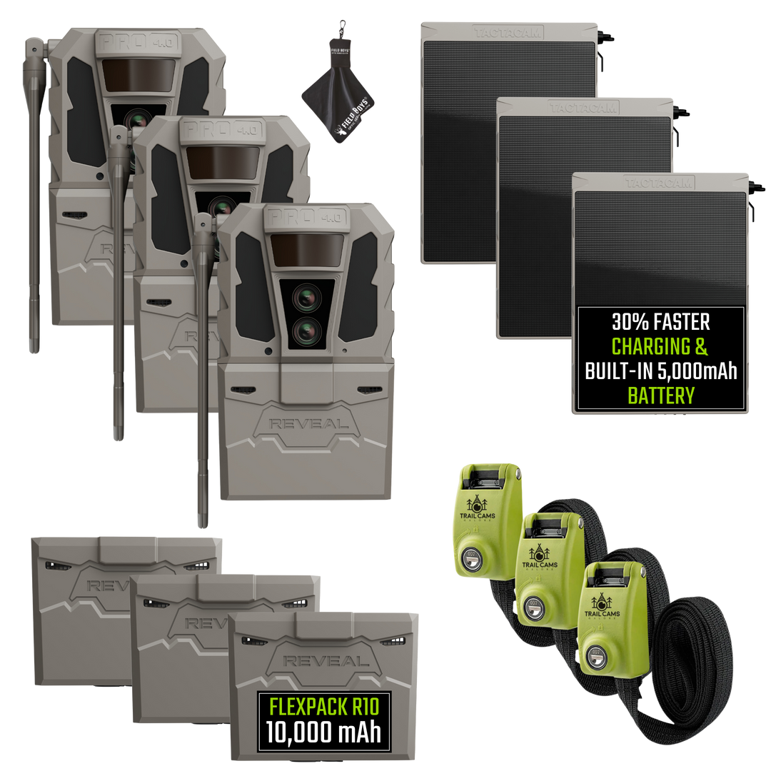 Buy 3 &amp; Save! Tactacam Reveal Pro 4.0 Power Bundles with R5 Solar Panels, FlexPack R10 Batteries, Lockable Steel Reinforced Straps, and Cleaning Cloth