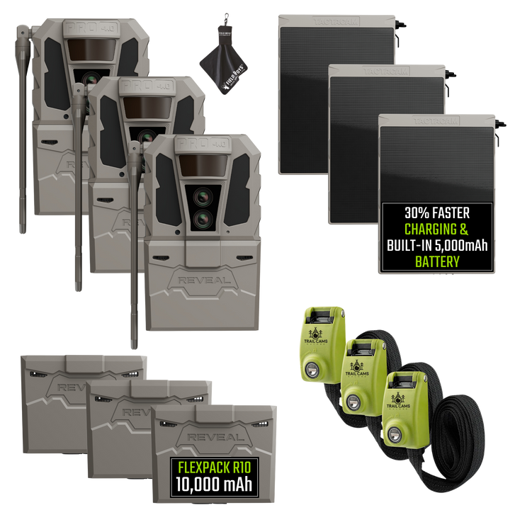 Buy 3 &amp; Save! Tactacam Reveal Pro 4.0 Power Bundles with R5 Solar Panels, FlexPack R10 Batteries, Lockable Steel Reinforced Straps, and Cleaning Cloth