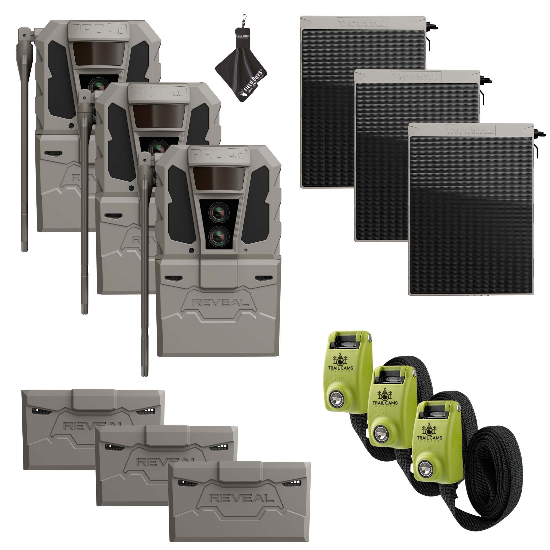 Buy 3 & Save! Tactacam Reveal Pro 4.0 Power Bundles with R5 Solar Panels, FlexPack R5 Batteries, Lockable Steel Reinforced Straps, and Cleaning Cloth
