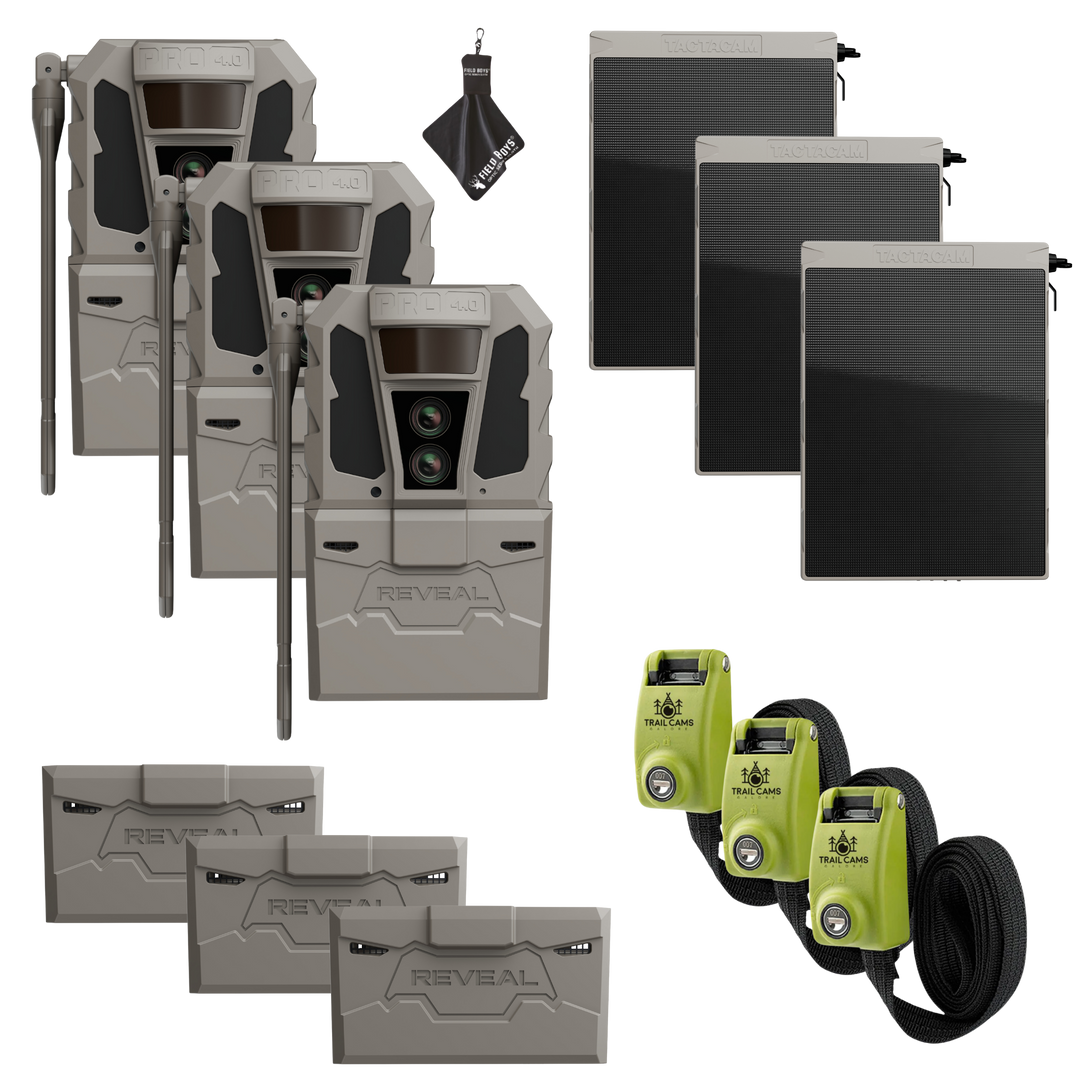 Buy 3 &amp; Save! Tactacam Reveal Pro 4.0 Power Bundles with R5 Solar Panels, FlexPack R5 Batteries, Lockable Steel Reinforced Straps, and Cleaning Cloth