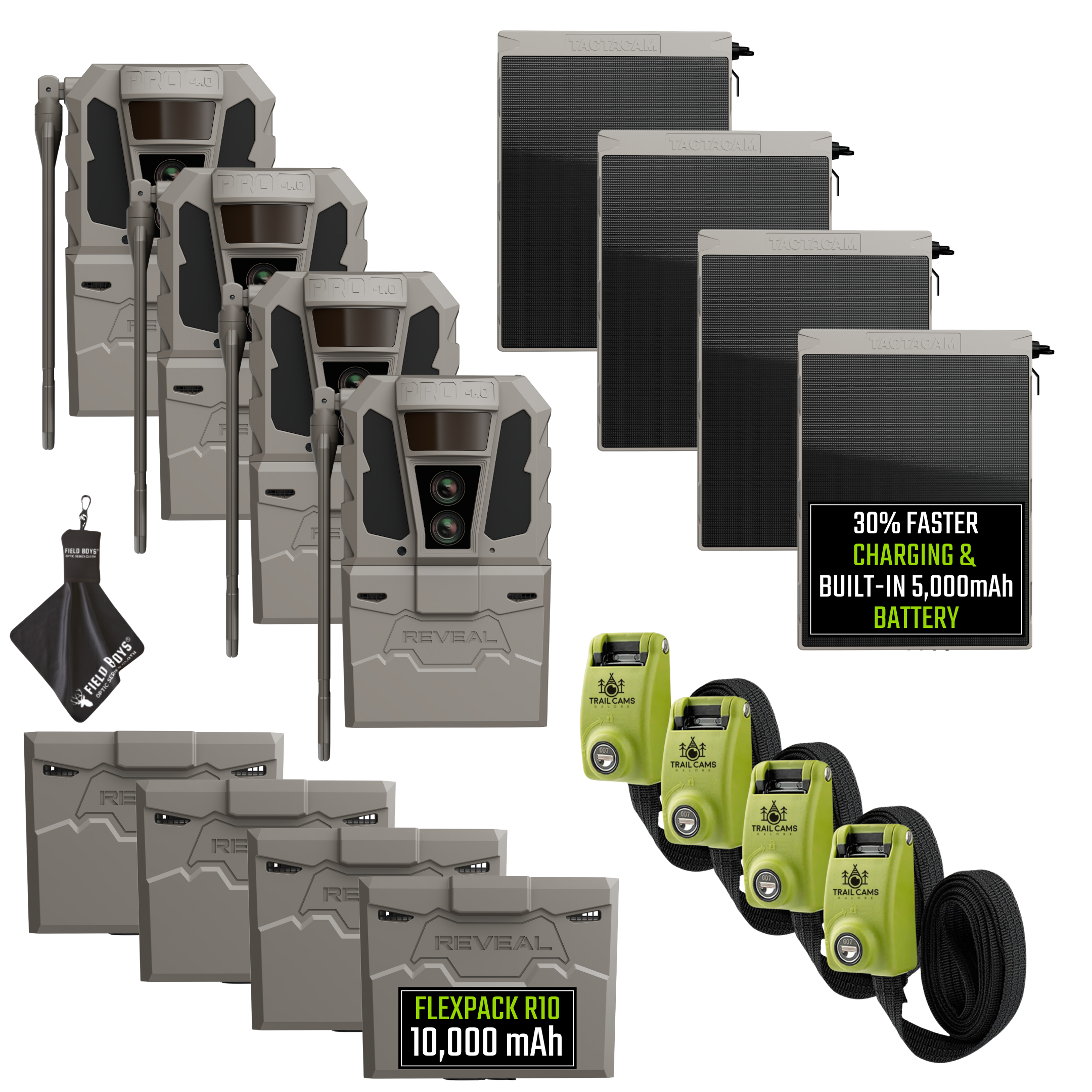 Buy 4 & Save! Tactacam Reveal Pro 4.0 Power Bundles with R5 Solar Panels, FlexPack R10 Batteries, Lockable Steel Reinforced Straps, and Cleaning Cloth