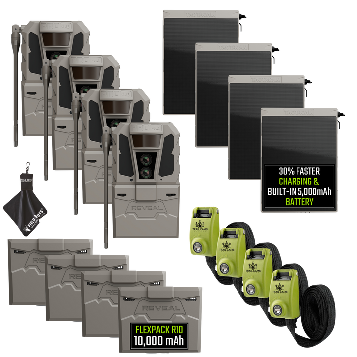 Buy 4 &amp; Save! Tactacam Reveal Pro 4.0 Power Bundles with R5 Solar Panels, FlexPack R10 Batteries, Lockable Steel Reinforced Straps, and Cleaning Cloth