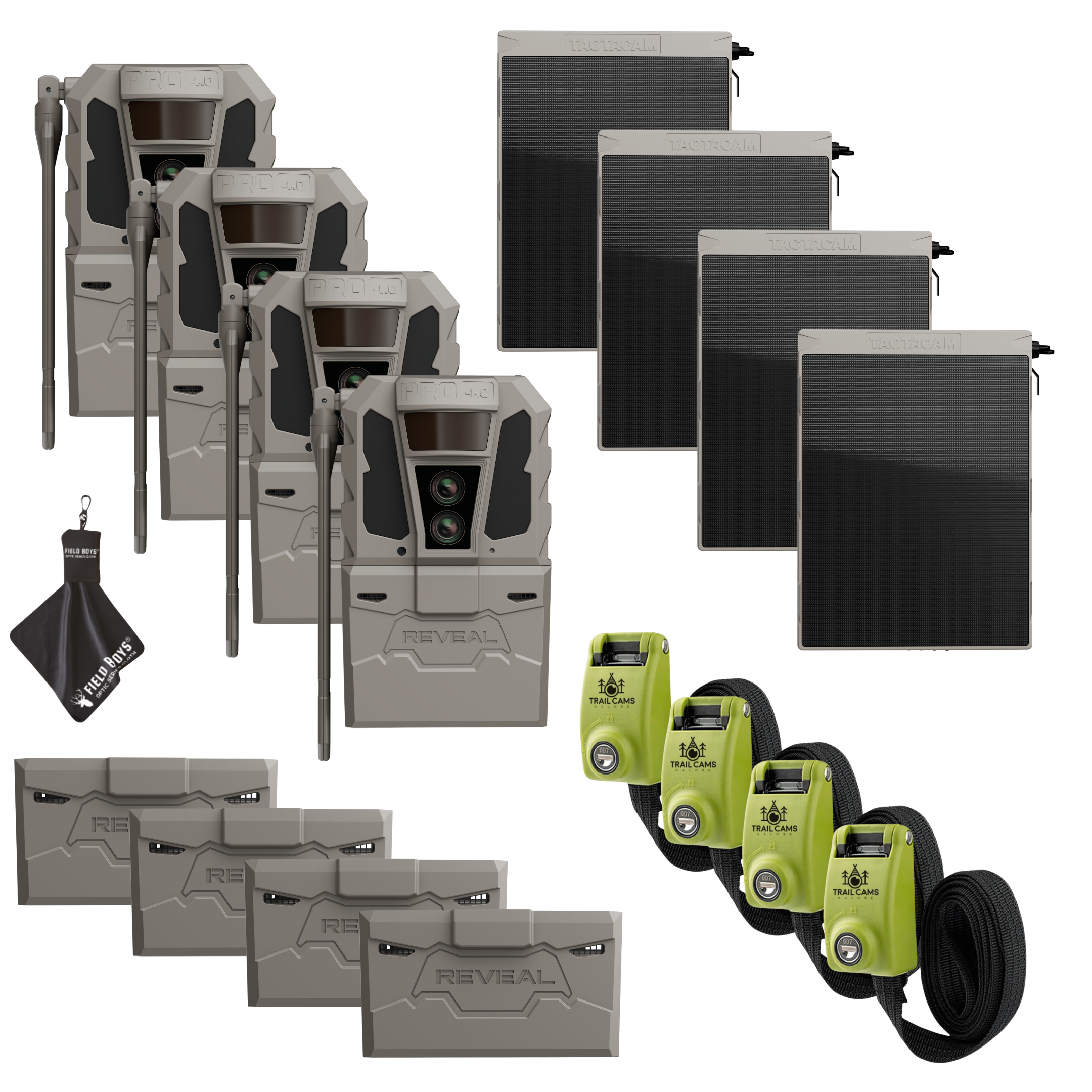 Buy 4 & Save! Tactacam Reveal Pro 4.0 Power Bundles with R5 Solar Panels, FlexPack R5 Batteries, Lockable Steel Reinforced Straps, and Cleaning Cloth