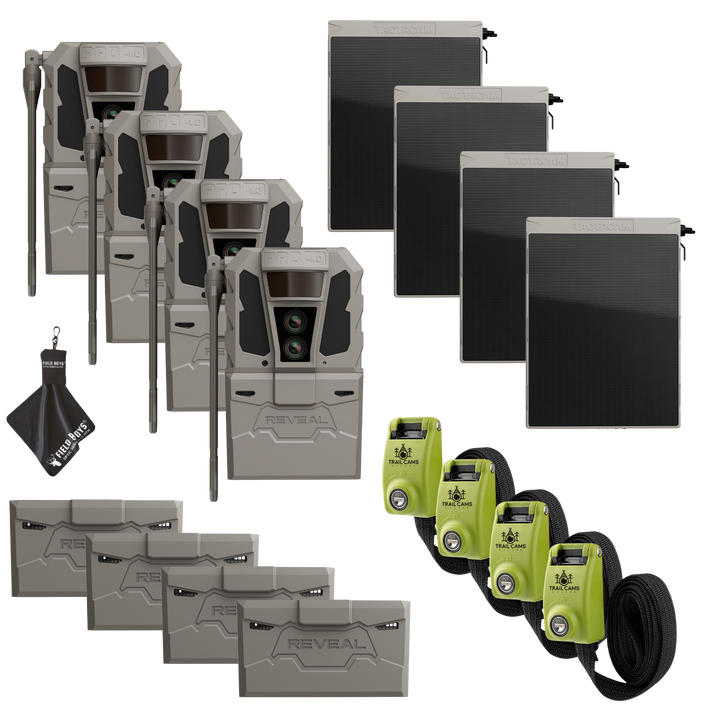 Buy 4 &amp; Save! Tactacam Reveal Pro 4.0 Power Bundles with R5 Solar Panels, FlexPack R5 Batteries, Lockable Steel Reinforced Straps, and Cleaning Cloth