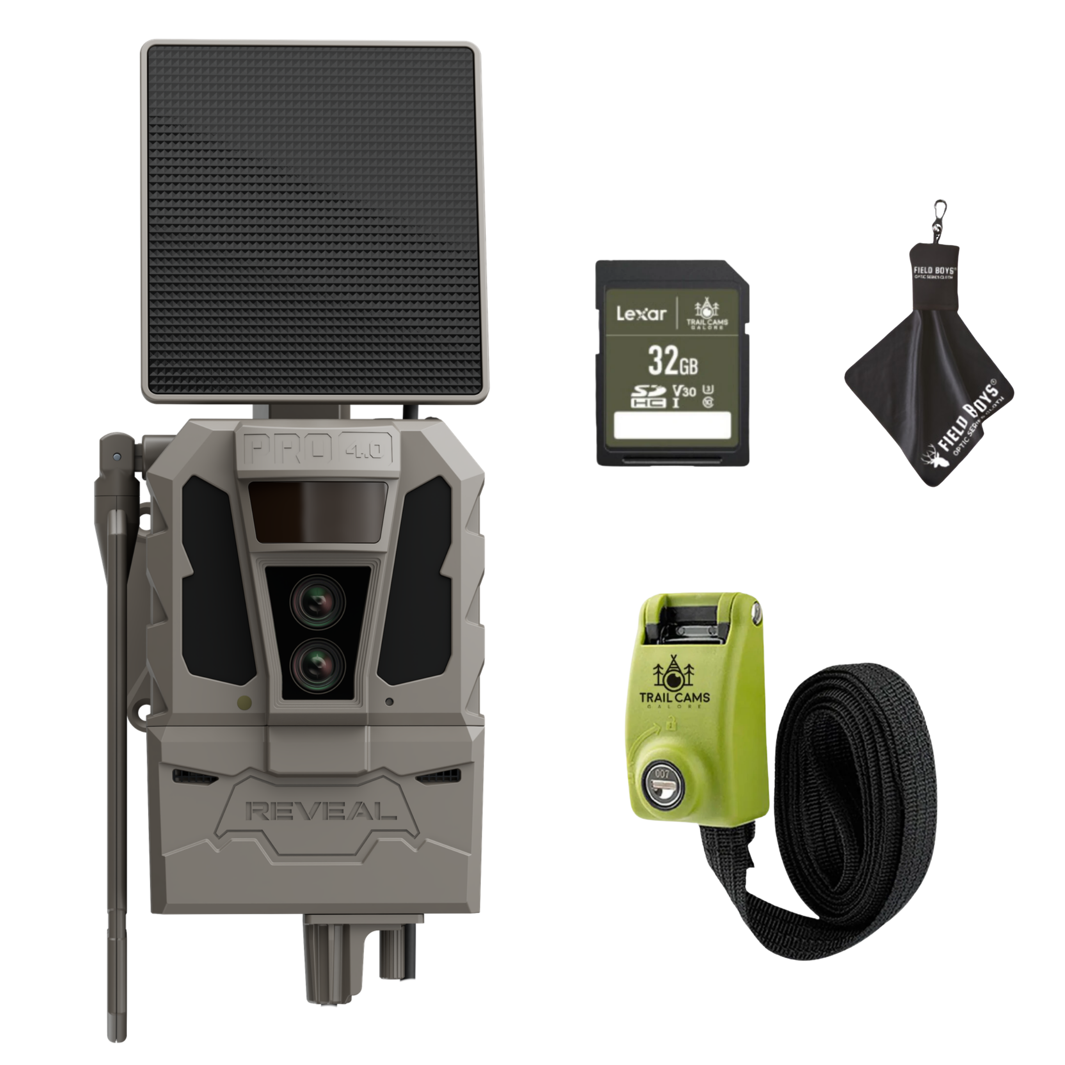 Tactacam Reveal Pro 4.0 Solar Bundle with Lexar 32GB SDHC U3 Card, Lockable Steel Reinforced Strap, and Cleaning Cloth