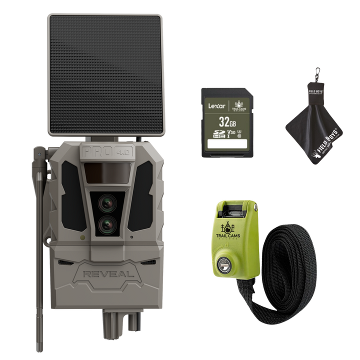 Tactacam Reveal Pro 4.0 Solar Bundle with Lexar 32GB SDHC U3 Card, Lockable Steel Reinforced Strap, and Cleaning Cloth