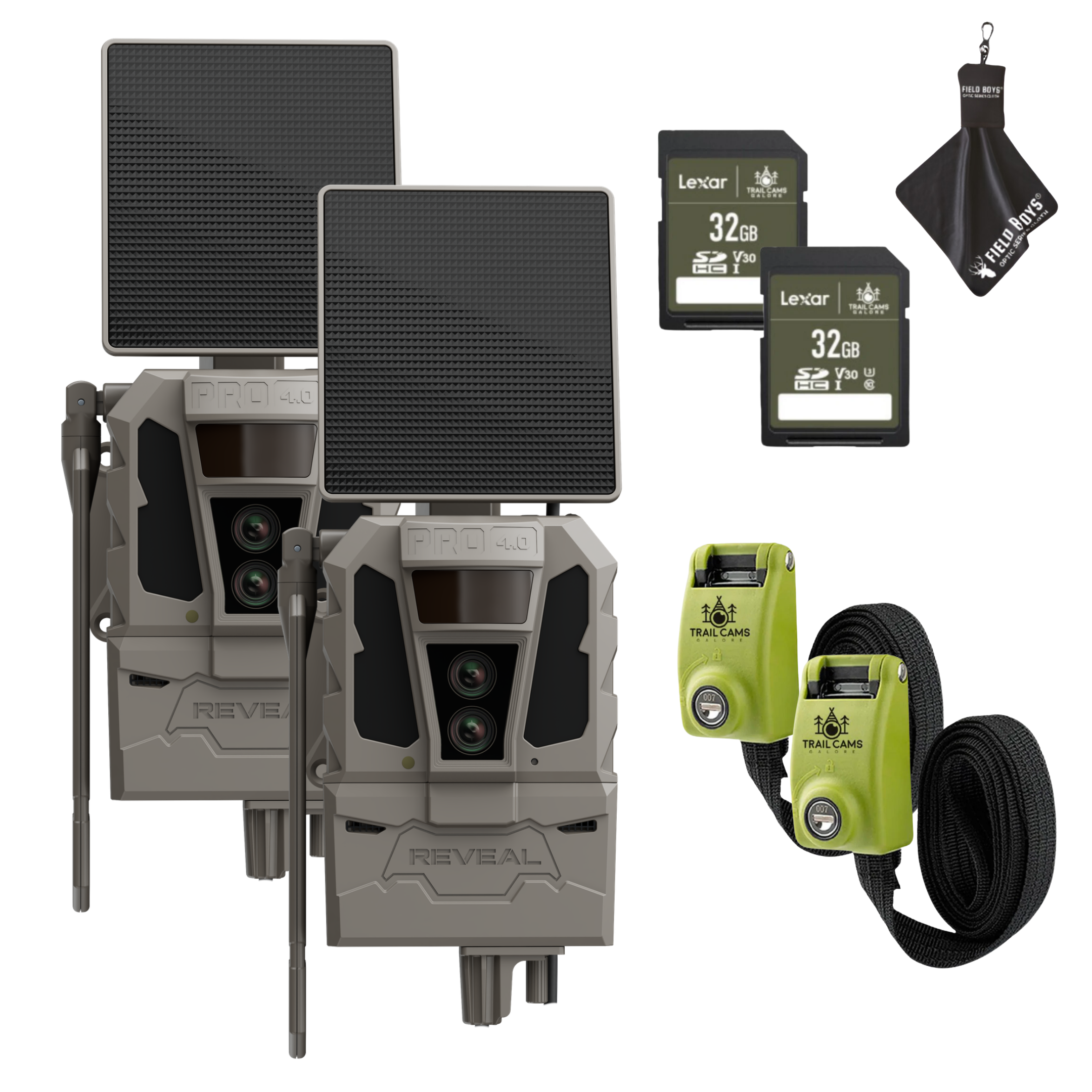 Buy 2 & Save! Tactacam Reveal Pro 4.0 Solar Bundles with Lexar 32GB SDHC U3 Cards, Lockable Steel Reinforced Straps, and Cleaning Cloth