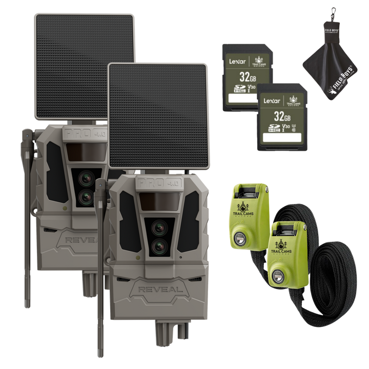 Buy 2 &amp; Save! Tactacam Reveal Pro 4.0 Solar Bundles with Lexar 32GB SDHC U3 Cards, Lockable Steel Reinforced Straps, and Cleaning Cloth