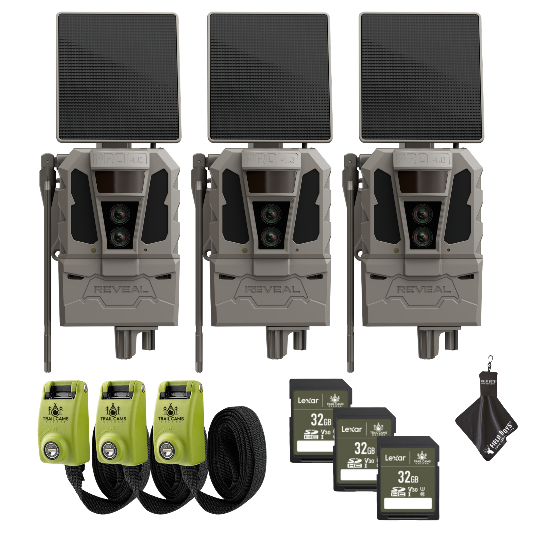Buy 3 & Save! Tactacam Reveal Pro 4.0 Solar Bundles with Lexar 32GB SDHC U3 Cards, Lockable Steel Reinforced Straps, and Cleaning Cloth