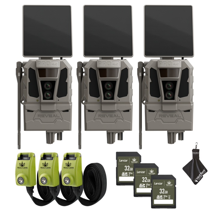 Buy 3 &amp; Save! Tactacam Reveal Pro 4.0 Solar Bundles with Lexar 32GB SDHC U3 Cards, Lockable Steel Reinforced Straps, and Cleaning Cloth