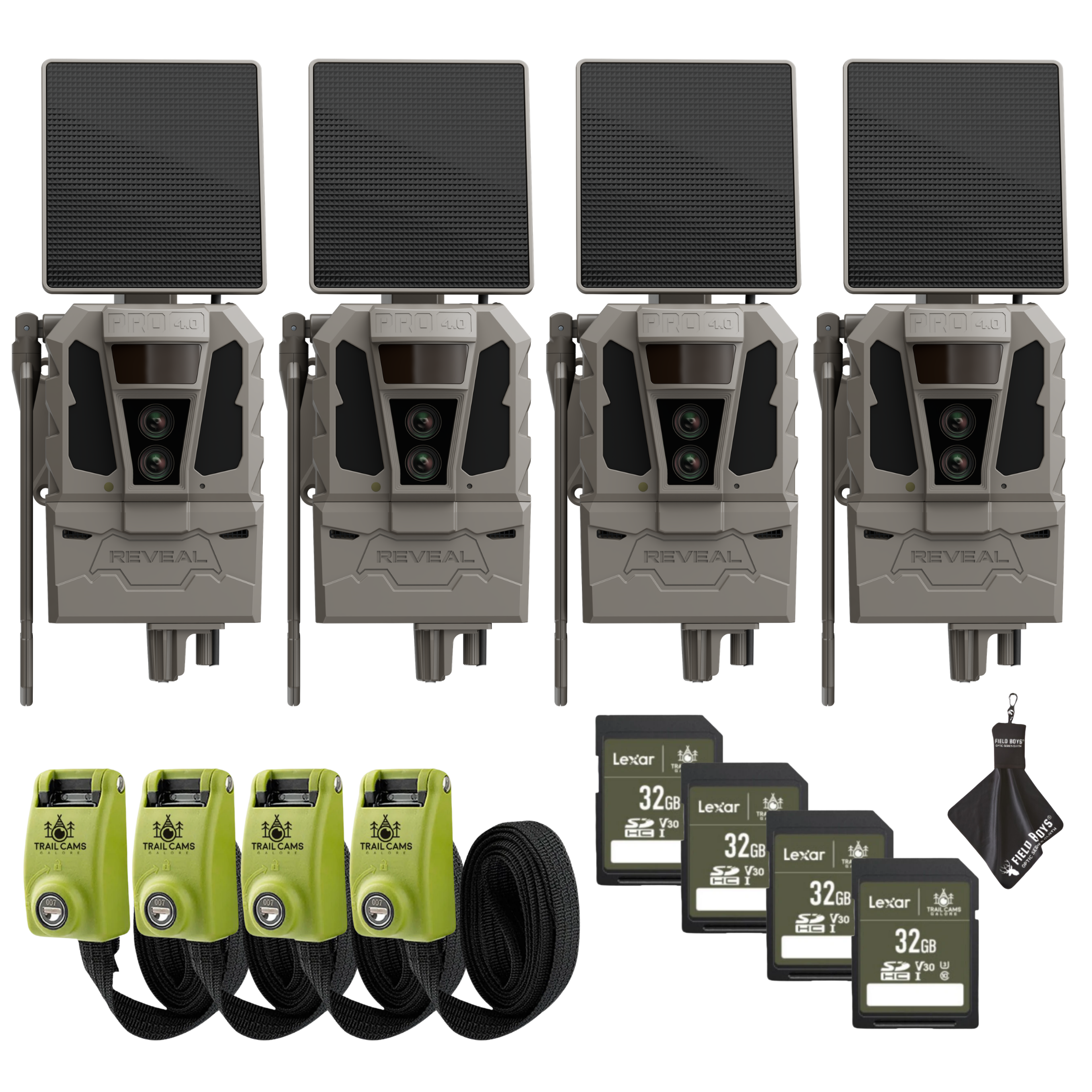 Buy 4 & Save! Tactacam Reveal Pro 4.0 Solar Bundles with Lexar 32GB SDHC U3 Cards, Lockable Steel Reinforced Straps, and Cleaning Cloth