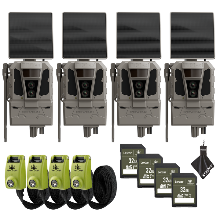 Buy 4 &amp; Save! Tactacam Reveal Pro 4.0 Solar Bundles with Lexar 32GB SDHC U3 Cards, Lockable Steel Reinforced Straps, and Cleaning Cloth