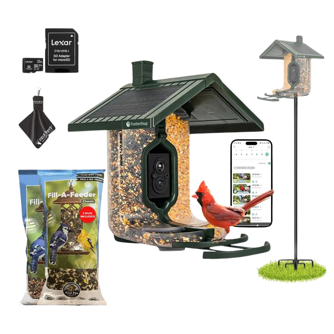 FeatherSnap Smart Birdfeeder with AI Identification and Wi-Fi - Solar Powered (Bird Feeder, Pole & Bird Feed Starter Kit)