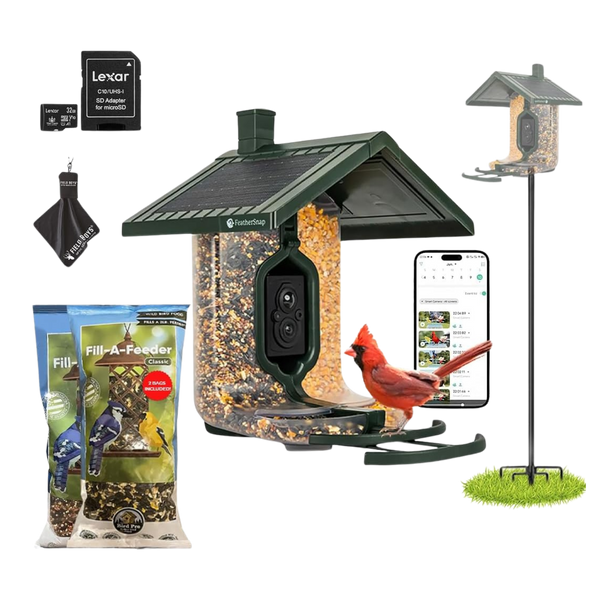 FeatherSnap Smart Birdfeeder Bundle with Solar Power (Bird Feeder, Pole, Bird Feed, SD Card & Cleaning Cloth Bundle)