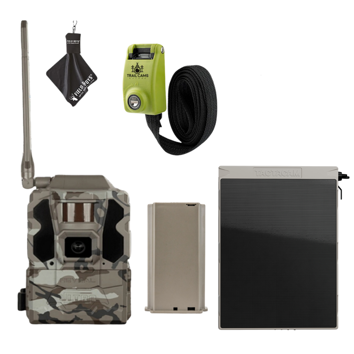 Bundle Savings! Tactacam Reveal Ultra Cellular Trail Camera with Solar Panel, Lithium Battery Pack, Steel Reinforced Strap and Cleaning Cloth