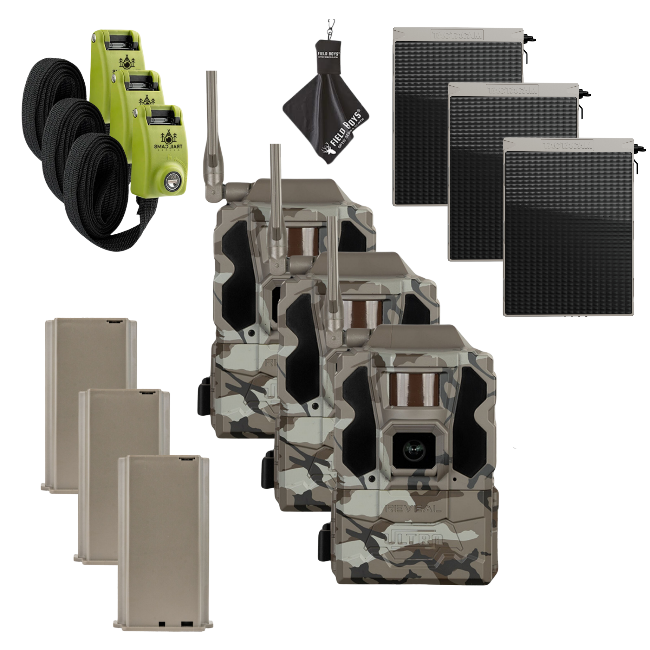 Buy 3 & Save! Tactacam Reveal Ultra Cellular Trail Camera with Solar Panels, Lithium Batteries, Steel Reinforced Straps and Cleaning Cloth