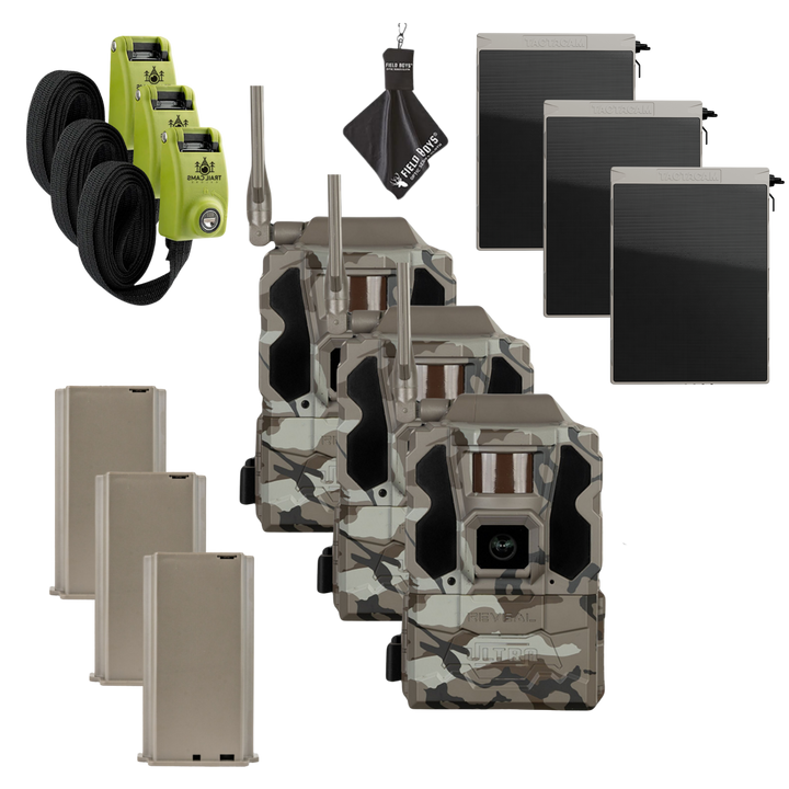 Buy 3 &amp; Save! Tactacam Reveal Ultra Cellular Trail Camera with Solar Panels, Lithium Batteries, Steel Reinforced Straps and Cleaning Cloth