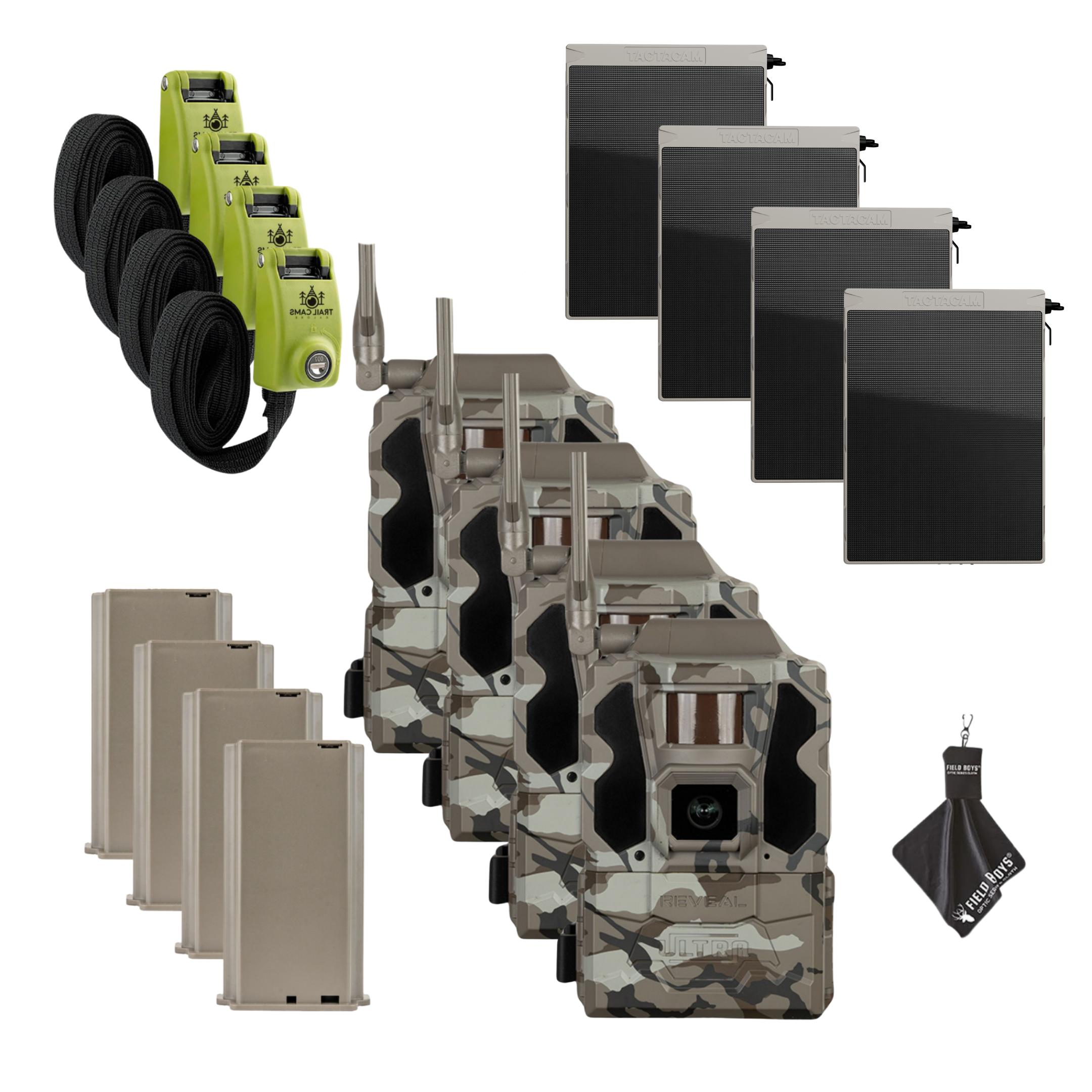 Buy 4 & Save! Tactacam Reveal Ultra Cellular Trail Camera with Solar Panels, Lithium Batteries, Steel Reinforced Straps and Cleaning Cloth