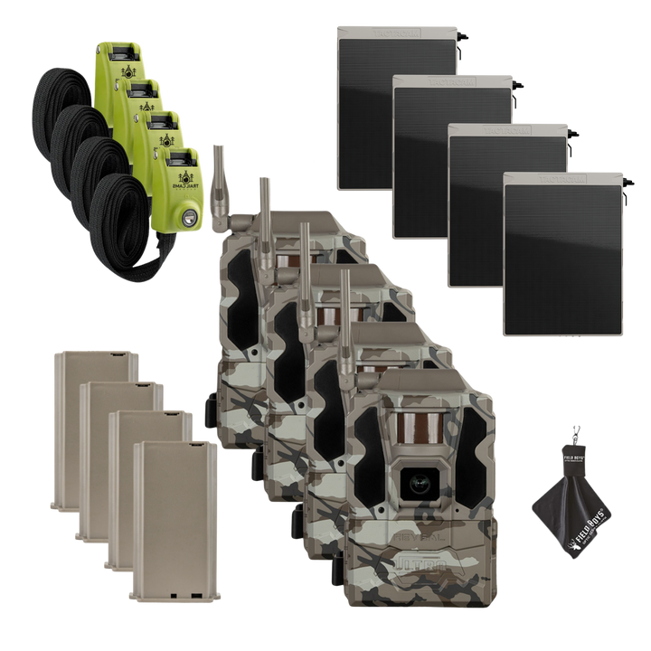 Buy 4 &amp; Save! Tactacam Reveal Ultra Cellular Trail Camera with Solar Panels, Lithium Batteries, Steel Reinforced Straps and Cleaning Cloth