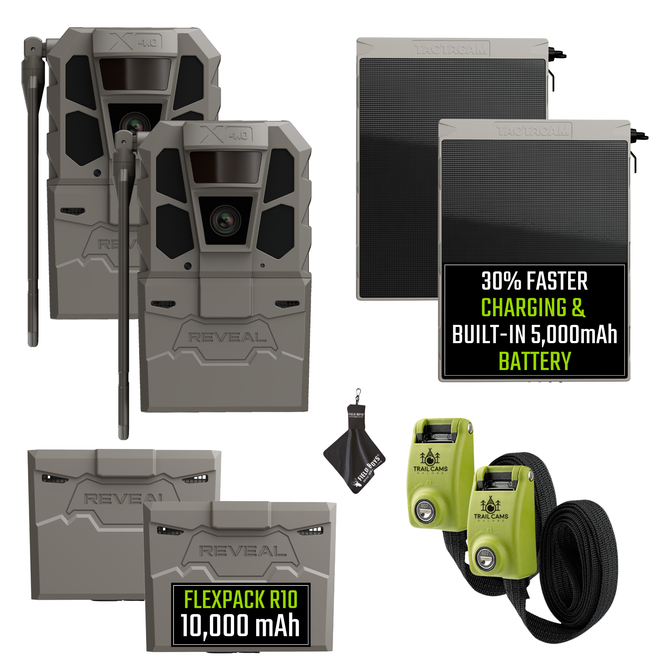 Buy 2 & Save! Tactacam Reveal X 4.0 Power Bundles with R5 Solar Panels, FlexPack R10 Batteries, Lockable Steel Reinforced Straps, and Cleaning Cloth