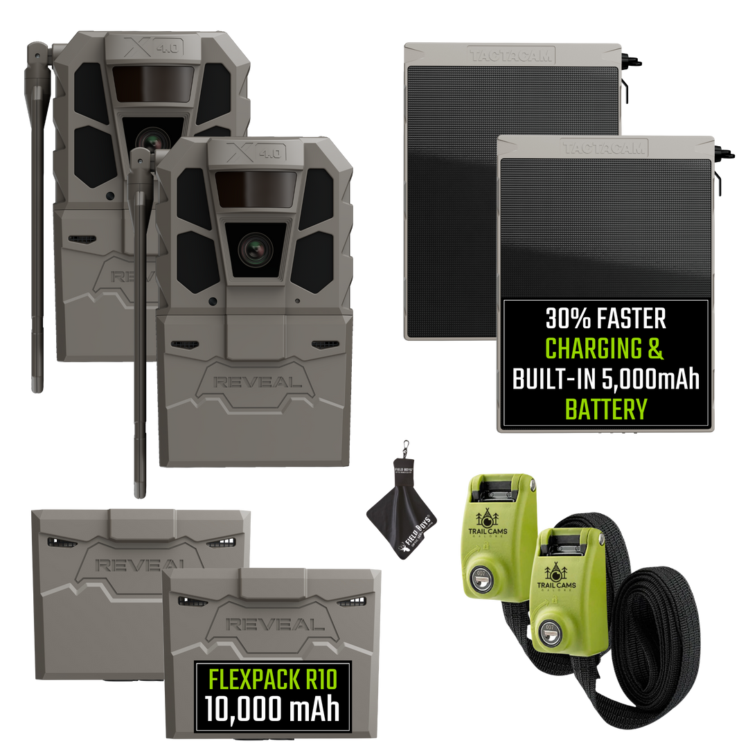 Buy 2 &amp; Save! Tactacam Reveal X 4.0 Power Bundles with R5 Solar Panels, FlexPack R10 Batteries, Lockable Steel Reinforced Straps, and Cleaning Cloth
