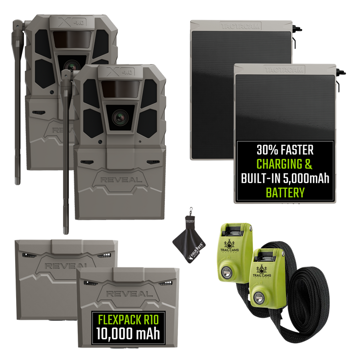 Buy 2 &amp; Save! Tactacam Reveal X 4.0 Power Bundles with R5 Solar Panels, FlexPack R10 Batteries, Lockable Steel Reinforced Straps, and Cleaning Cloth