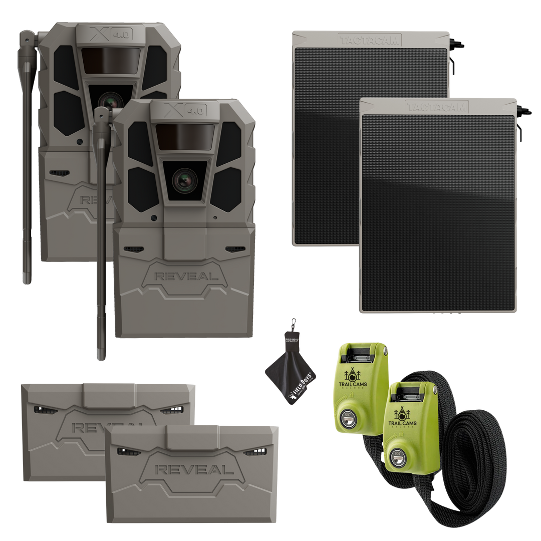 Buy 2 &amp; Save! Tactacam Reveal X 4.0 Power Bundles with R5 Solar Panels, FlexPack R5 Batteries, Lockable Steel Reinforced Straps, and Cleaning Cloth