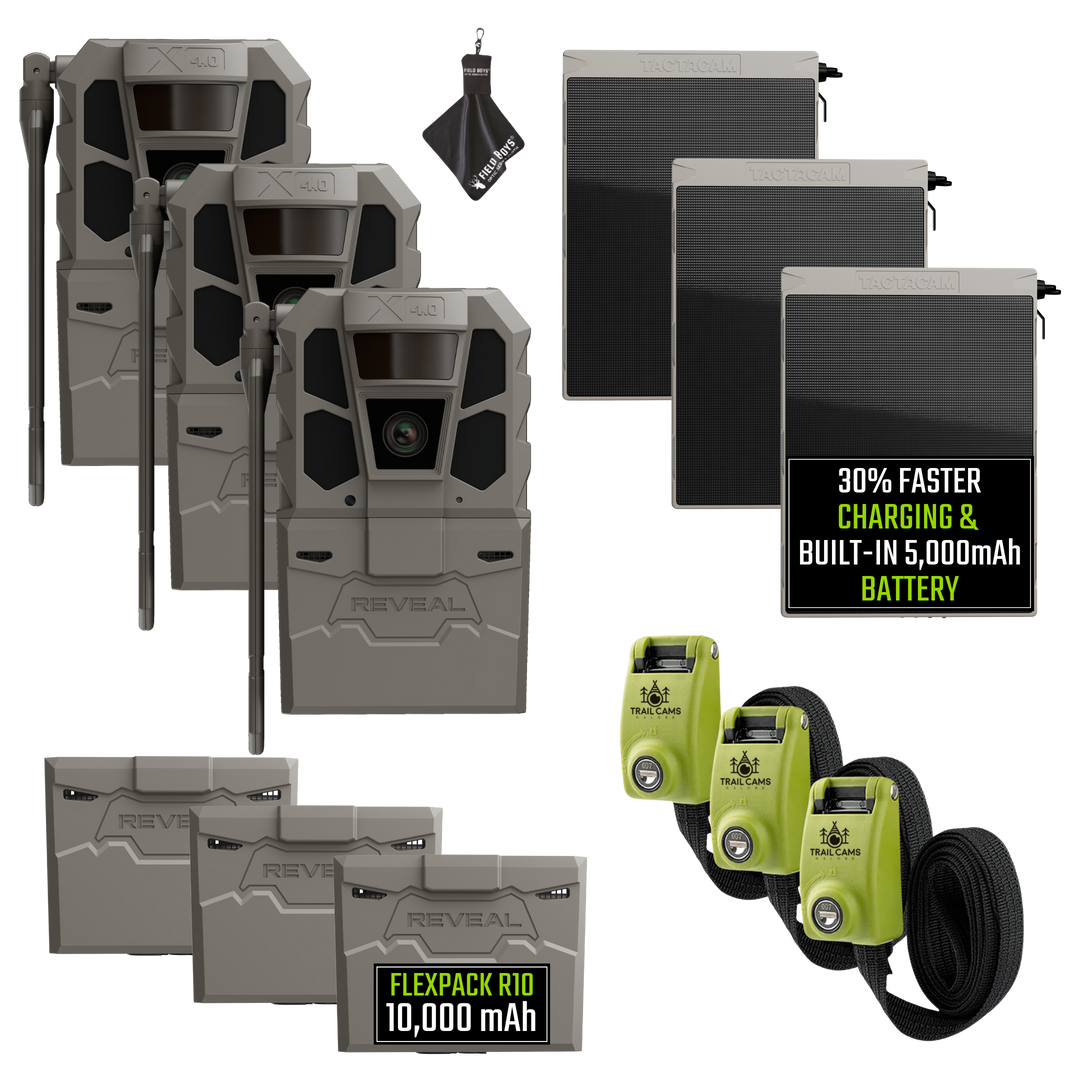 Buy 3 &amp; Save! Tactacam Reveal X 4.0 Power Bundles with R5 Solar Panels, FlexPack R10 Batteries, Lockable Steel Reinforced Straps, and Cleaning Cloth