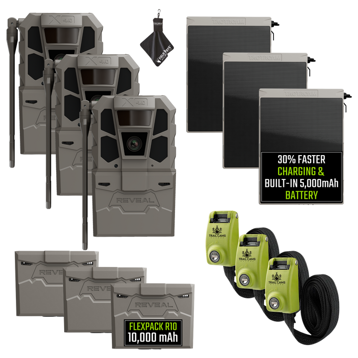 Buy 3 &amp; Save! Tactacam Reveal X 4.0 Power Bundles with R5 Solar Panels, FlexPack R10 Batteries, Lockable Steel Reinforced Straps, and Cleaning Cloth
