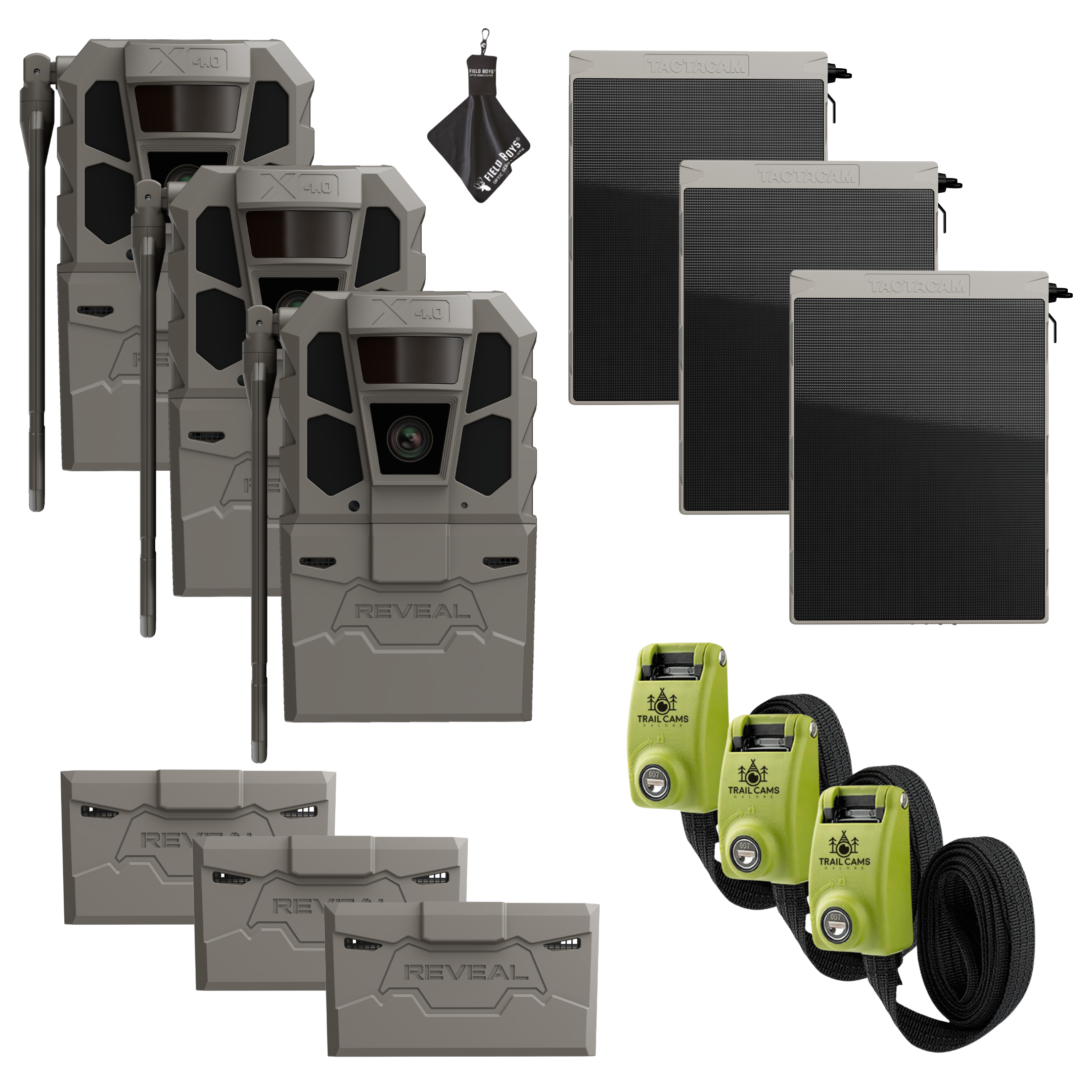 Buy 3 & Save! Tactacam Reveal X 4.0 Power Bundles with R5 Solar Panels, FlexPack R5 Batteries, Lockable Steel Reinforced Straps, and Cleaning Cloth